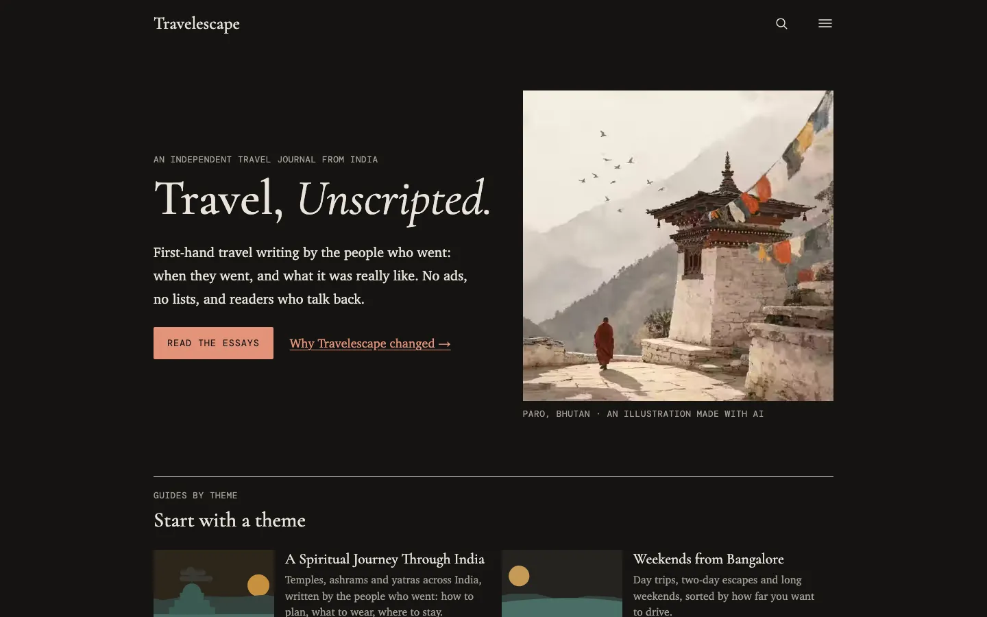 Travelescape's home page: the headline 'Travel, Unscripted.' beside an illustration of a monk walking past a monastery in Paro, Bhutan, with prayer flags overhead.
